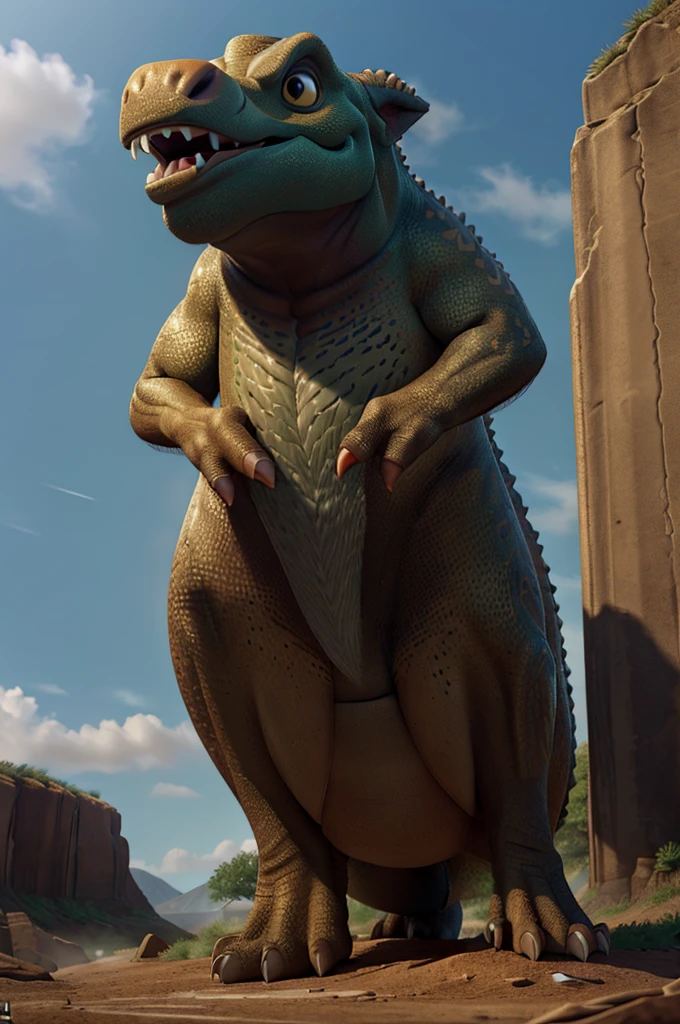 A gigantic, fearsome Gigantosaurus Rex dinosaur, highly detailed and realistic, standing tall in a prehistoric landscape, with intricate skin textures, intense eyes, massive jaws, sharp teeth, muscular body, thick tail, and powerful claws, (best quality,4k,8k,highres,masterpiece:1.2),ultra-detailed,(realistic,photorealistic,photo-realistic:1.37),cinematic lighting, dramatic shadows, natural colors, dramatic composition