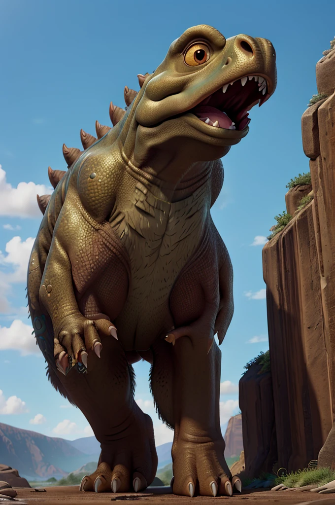 A gigantic, fearsome Gigantosaurus Rex dinosaur, highly detailed and realistic, standing tall in a prehistoric landscape, with intricate skin textures, intense eyes, massive jaws, sharp teeth, muscular body, thick tail, and powerful claws, (best quality,4k,8k,highres,masterpiece:1.2),ultra-detailed,(realistic,photorealistic,photo-realistic:1.37),cinematic lighting, dramatic shadows, natural colors, dramatic composition