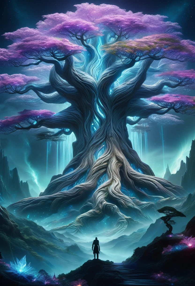 hyper detailed masterpiece, DonM3t3rn1tyXL,  magical mountain with the enormous ancient Worldtree. Its should be dim and mystical, possibly glowing with an otherworldly bioluminescent light. Its pose is majestic and regal, exuding a sense of magical power and grace. Set the in an enchanting ethereal light and mystical flora surrounding it 