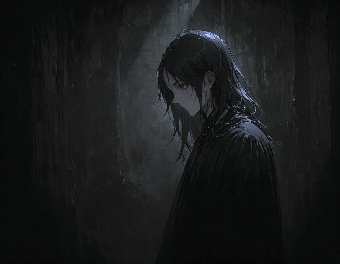 Center-parted bangs、Long hair boy、Black Hair、Dark Eyes、Illness、Fall into Darkness、Black clothes
