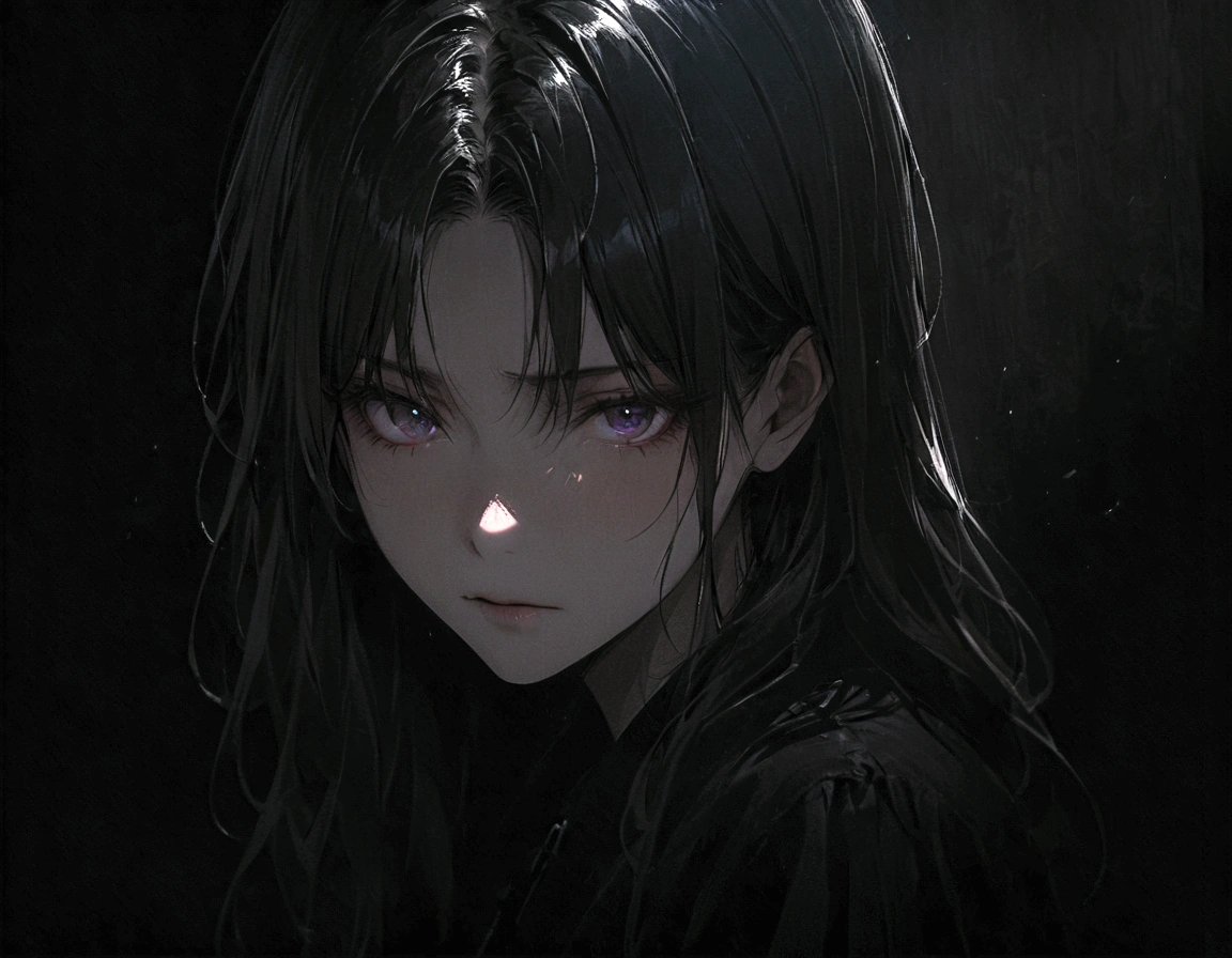 Center-parted bangs、Long hair boy、Black Hair、Dark Eyes、Illness、Fall into Darkness、Black clothes