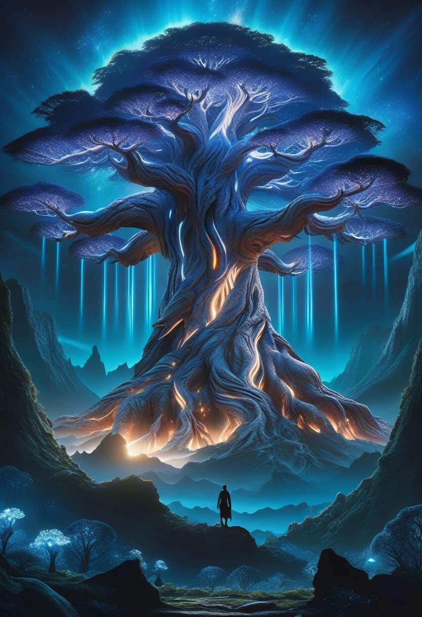 hyper detailed masterpiece, DonM3t3rn1tyXL,  magical mountain with the enormous ancient Worldtree. Its should be dim and mystical, possibly glowing with an otherworldly bioluminescent light. Its pose is majestic and regal, exuding a sense of magical power and grace. Set the in an enchanting ethereal light and mystical flora surrounding it 