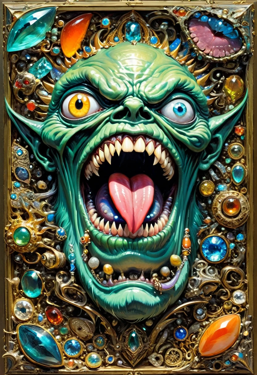 Mimic，Treasure Box Monster，Weird tongue and nasty teeth. Scattered jewelry, by greg rutkowski and Max Ernst, best quality, masterpiece, very aesthetic, perfect composition, intricate details, ultra-detailed