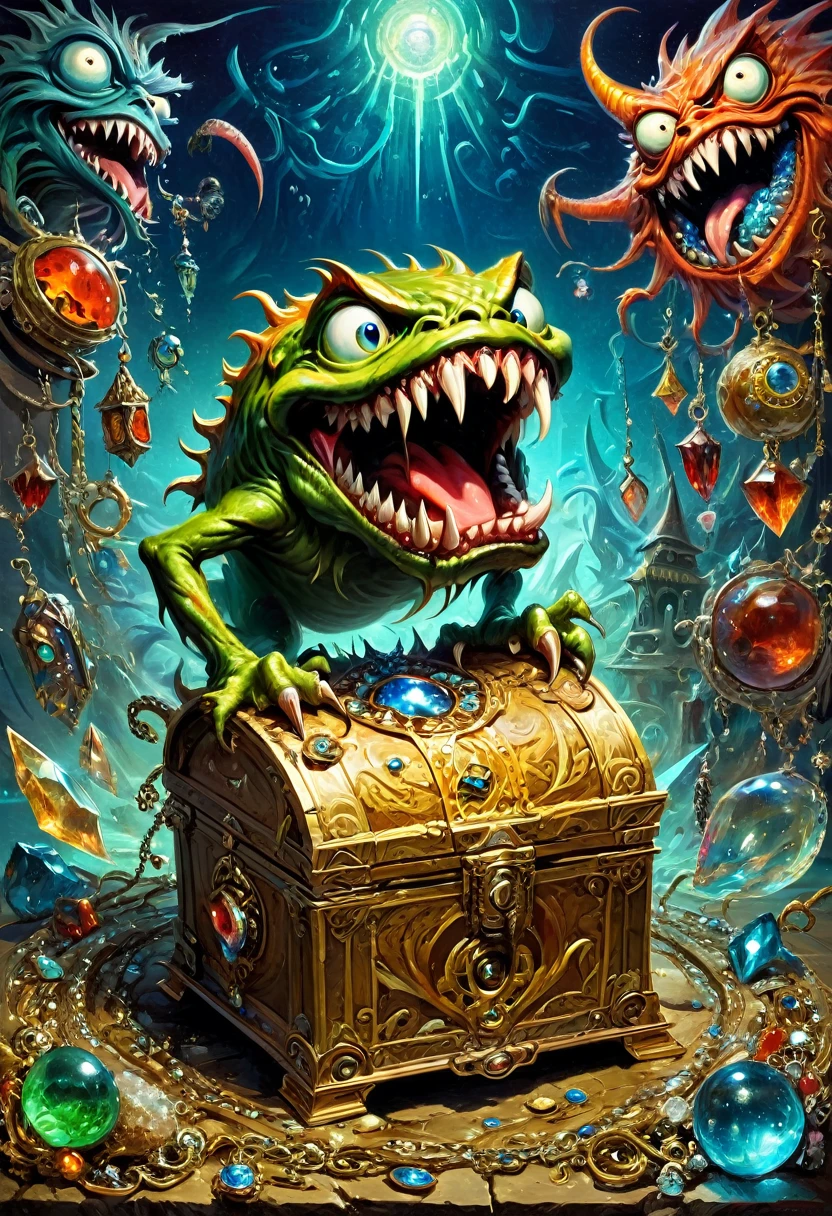 Mimic,Treasure Box Monster,Weird tongue and nasty teeth. Scattered jewelry, by greg rutkowski and Max Ernst, best quality, masterpiece, very aesthetic, perfect composition, intricate details, ultra-detailed