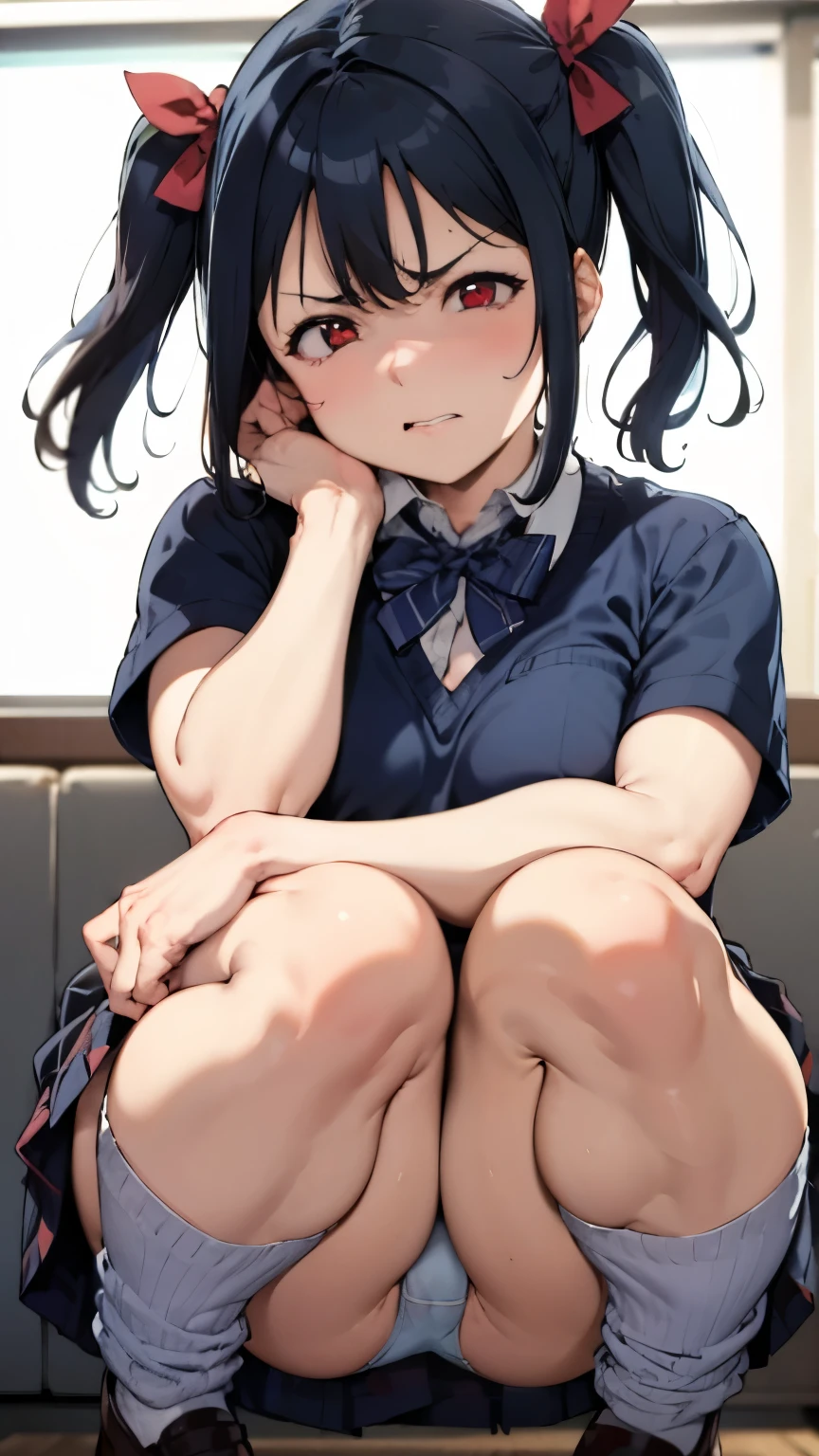 from front,focus on panties,fine underwear,black panty,flat chest
,BREAK,
nico yazawa, flat chest,black hair, (red eyes:1.5), twintails, hair bow, bow, red bow,
,BREAK,
gyaru, shirt, plaid, bow, blush, white shirt, hair ornament, nail polish, plaid skirt, bowtie, pleated skirt, clevage
,BREAK, 
disdaining ,disgusted face, disgusted face,displeasure,grimance,anguish,furrowed brow,furious,,{{{disgusting:1.5}}},{{{clenched teeth:1.1}}}, look down at viewer, {{{shaded face}}}, masterpiece,absurderes, beautiful detailed face
,BREAK,
,Squat,looking down at viewer,Squatting, 
((masutepiece,hight resolution)), masutepiece, Best Quality, , absurderes, Perfect Skin, Detailed skin texture, ultra-detailliert, 8K, Intricate details, beautifull detailed face,hight resolution, 1girl ,from front.
indoors,locker room