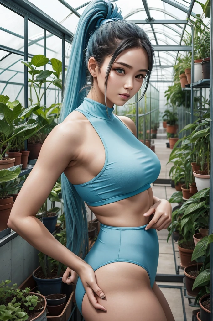 26 year old woman from Saturn, thick athletic body, beautiful, cute, light blue long ponytail hair, in greenhouse, photoshoot