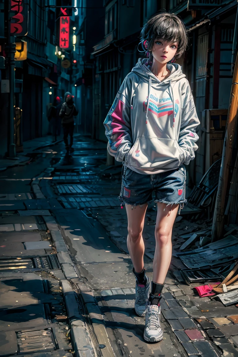8K resolution、((top-quality))、((masterpiece))、((Ultra-detail))、1 woman、solo、incredibly absurdness、Oversized hoodies、headphones、Street、plein air、Sateen、neons、Shortcut Hair、Brightly colored eyes、Hands in pockets、shortpants、water dripping