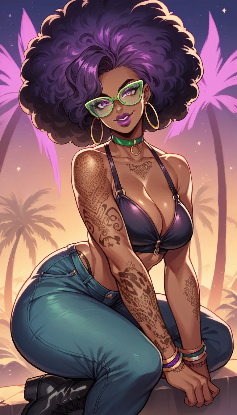 beautyful strong african woman, african skin, huge full afro purple hair, green mouth, leopard beach clotches, black boots, hoop earring, green aviator glasses, purple chocker, dragon tattoo, night, purple lights, smile, full lips