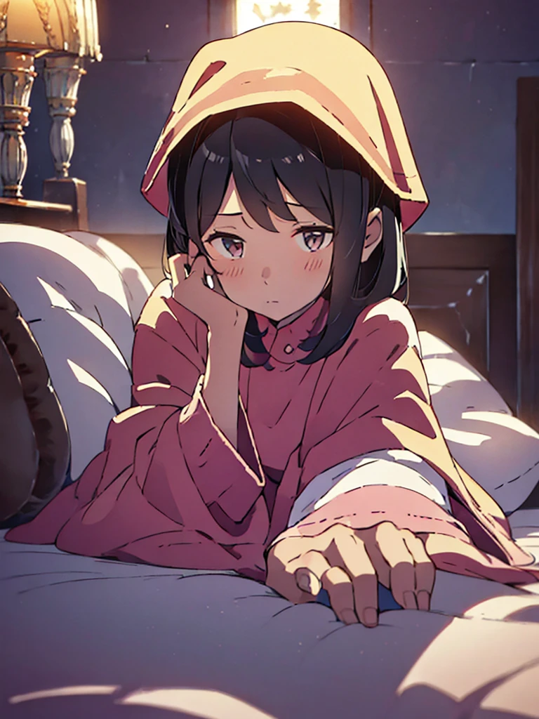 6-year-old girl shy and with a threatened face, View from above, in a room and a luxurious bed, night atmosphere
