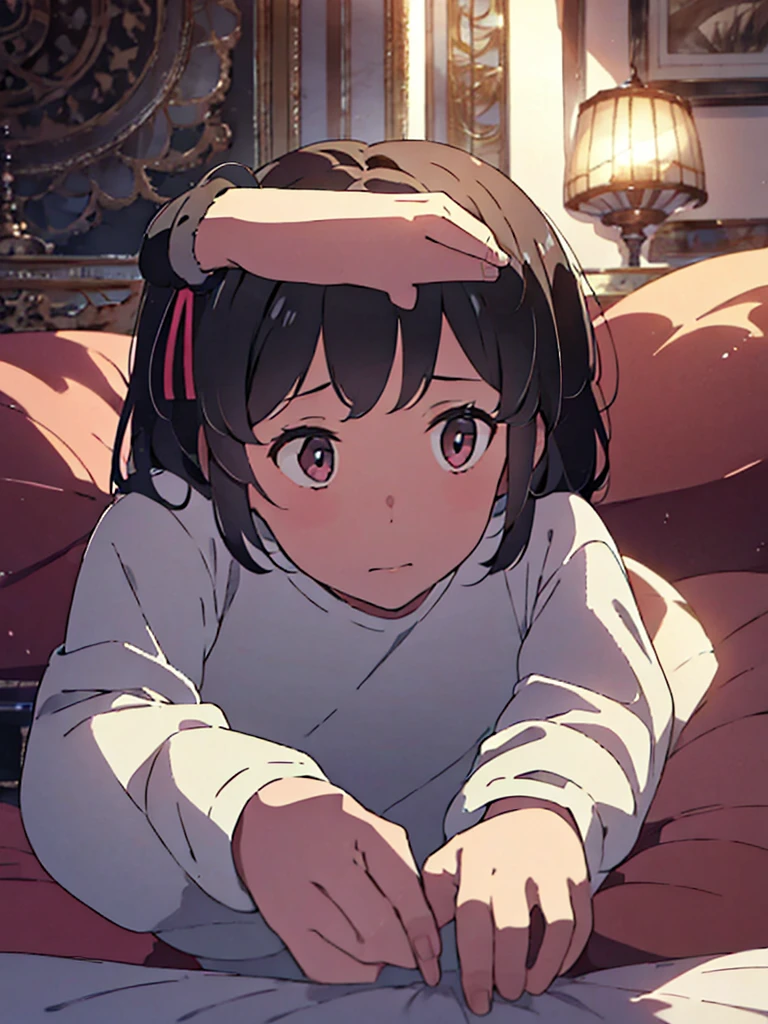 6-year-old girl shy and with a threatened face, View from above, in a room and a luxurious bed, night atmosphere