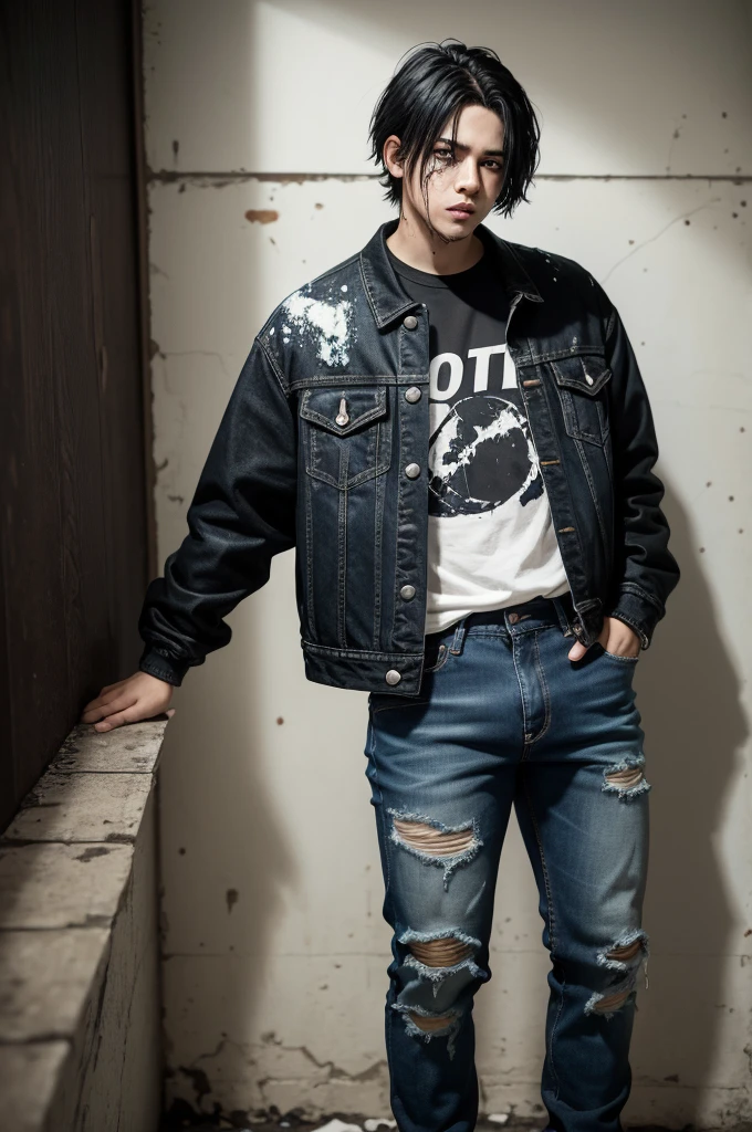1 boy, grunge clothes,Bblack hair, dark brown eyes, wall-paper, paisaje, bloodstains, bloodstains splatter, Depth of field, natta, Light particles, lightrays, side lighting, thicc thighs, open jacket, jeans, thicc thighs, nube