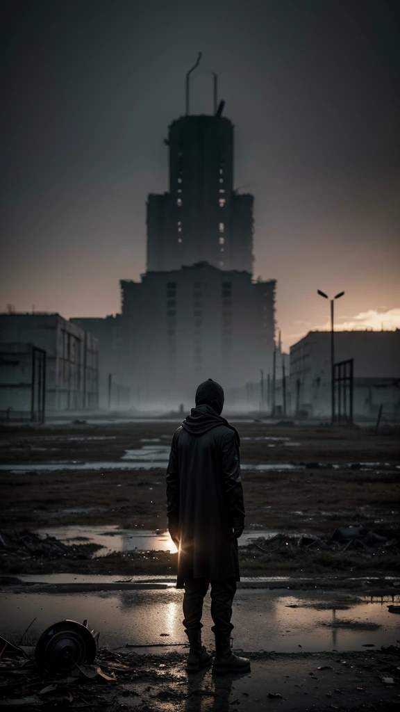 shadowed figure in lightweight black flowing garments, standing in a deserted, dilapidated landscape, with Chernobyl-esque ruins, rusted and broken objects, foggy atmosphere, highlighting the mysterious silhouette, backlit, dramatic contrast