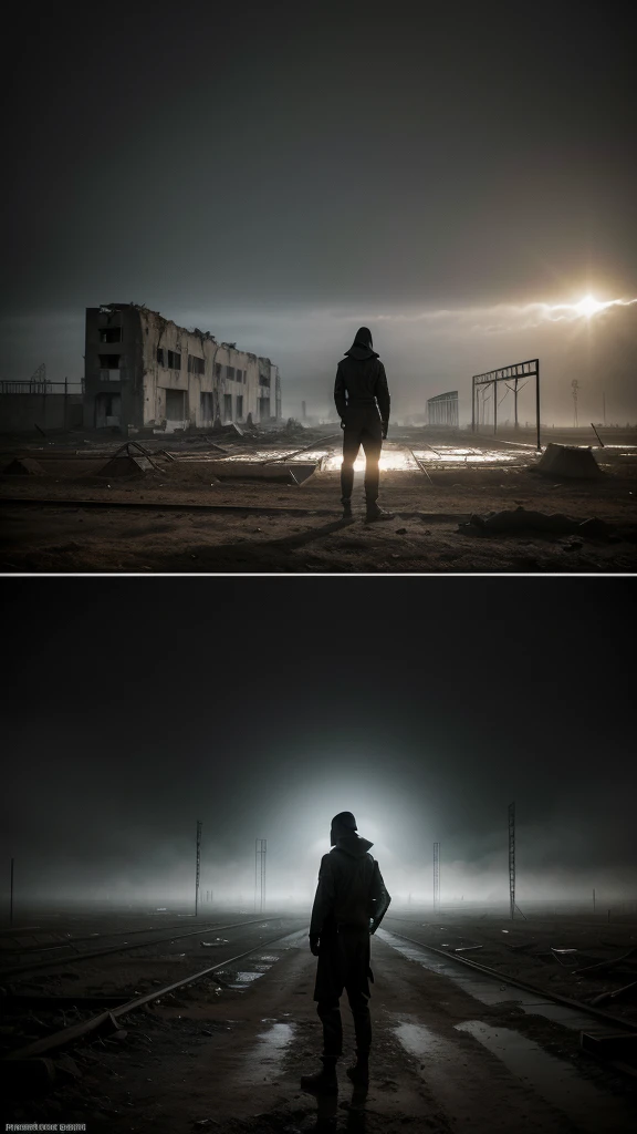 shadowed figure in lightweight black flowing garments, standing in a deserted, dilapidated landscape, with Chernobyl-esque ruins, rusted and broken objects, foggy atmosphere, highlighting the mysterious silhouette, backlit, dramatic contrast