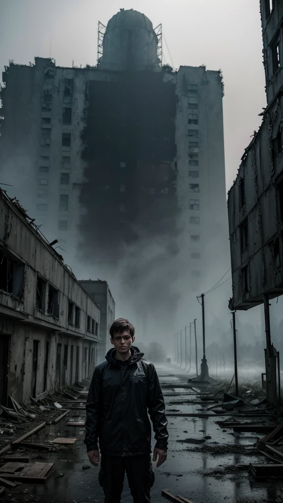 low-angle shot of man in lightweight black clothing, standing in an abandoned, decayed environment, Chernobyl-like ruins towering above, scattered degraded objects, misty air, sense of foreboding, worm’s-eye view, shadowy lighting