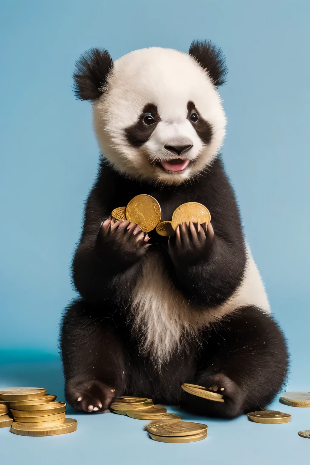 ((Best Quality)), ((Masterpiece)), (detailed), 1 baby panda sitting in an empty room with light blue background, surrounded by flat gold coins