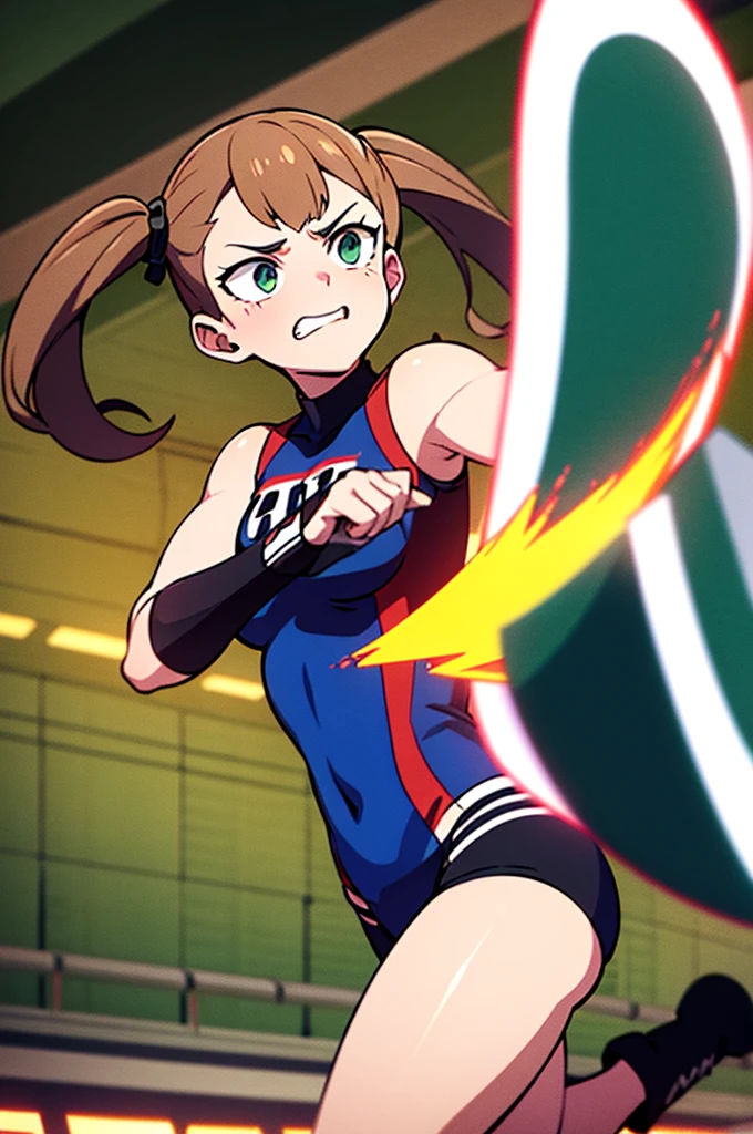 A girl with long pigtails of brown hair and pretty green eyes, framed by pale skin, stood smirking at Bakugo, her opponent in the U.A. Sports Festival. Her hands glowed a vibrant green, a testament to her quirk, Vital Surge, which allowed her to heal people. Clad in the standard gym uniform, she faced Bakugo with a mix of determination and confidence. The stadium buzzed with excitement, the audience eager to see how her healing abilities would fare against Bakugo's explosive power. The scene, rendered in the distinct, dynamic art style of My Hero Academia, captured the intensity of the moment as the battle commenced.