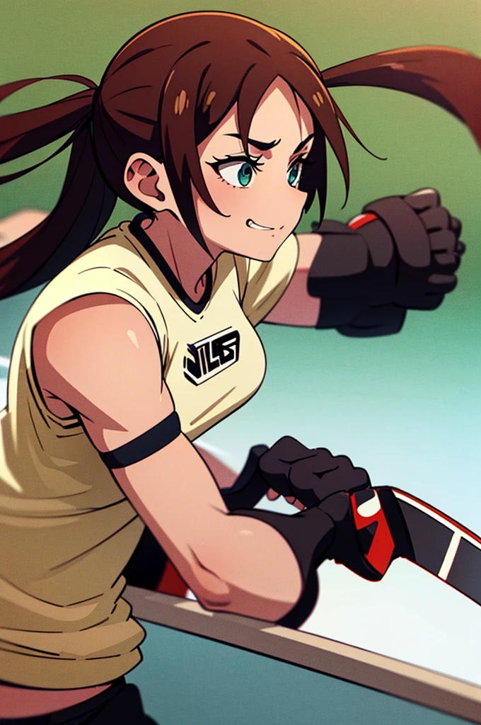 A girl with long pigtails of brown hair and pretty green eyes, framed by pale skin, stood smirking at Bakugo, her opponent in the U.A. Sports Festival. Her hands glowed a vibrant green, a testament to her quirk, Vital Surge, which allowed her to heal people. Clad in the standard gym uniform, she faced Bakugo with a mix of determination and confidence. The stadium buzzed with excitement, the audience eager to see how her healing abilities would fare against Bakugo's explosive power. The scene, rendered in the distinct, dynamic art style of My Hero Academia, captured the intensity of the moment as the battle commenced.