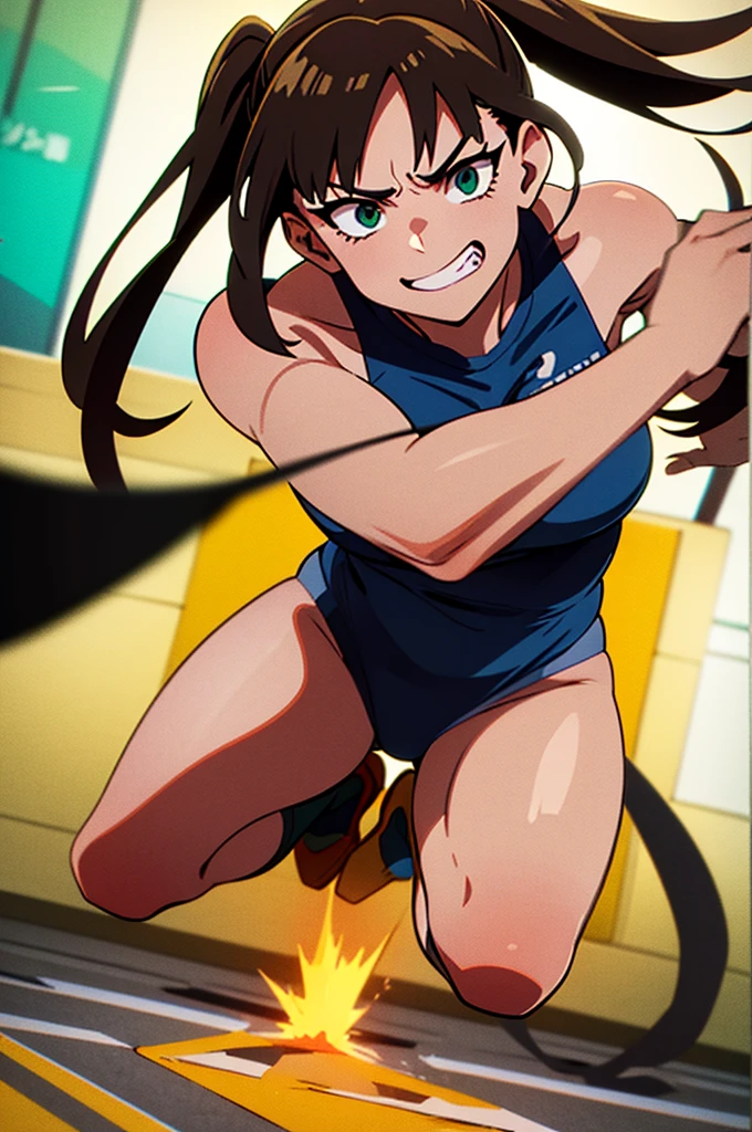 A girl with long pigtails of brown hair and pretty green eyes, framed by pale skin, stood smirking at Bakugo, her opponent in the U.A. Sports Festival. Her hands glowed a vibrant green, a testament to her quirk, Vital Surge, which allowed her to heal people. Clad in the standard gym uniform, she faced Bakugo with a mix of determination and confidence. The stadium buzzed with excitement, the audience eager to see how her healing abilities would fare against Bakugo's explosive power. The scene, rendered in the distinct, dynamic art style of My Hero Academia, captured the intensity of the moment as the battle commenced.