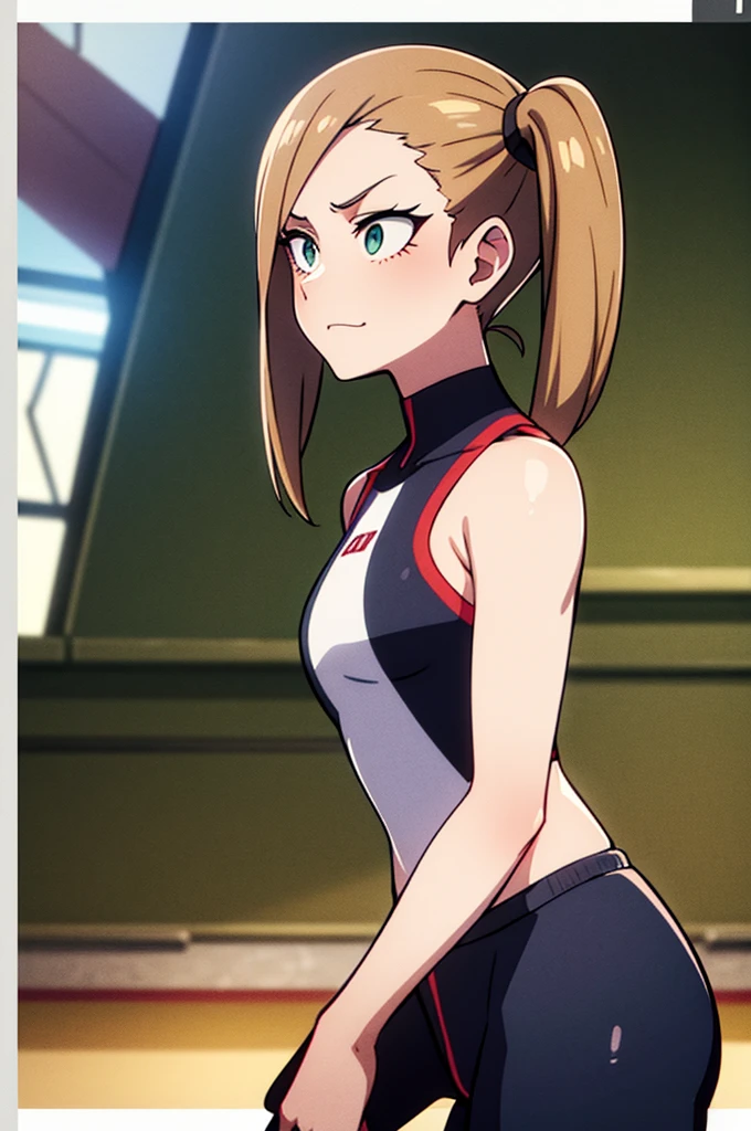 A girl with long pigtails of brown hair and pretty green eyes, framed by pale skin, stood smirking at Bakugo, her opponent in the U.A. Sports Festival. Her hands glowed a vibrant green, a testament to her quirk, Vital Surge, which allowed her to heal people. Clad in the standard gym uniform, she faced Bakugo with a mix of determination and confidence. The stadium buzzed with excitement, the audience eager to see how her healing abilities would fare against Bakugo's explosive power. The scene, rendered in the distinct, dynamic art style of My Hero Academia, captured the intensity of the moment as the battle commenced.