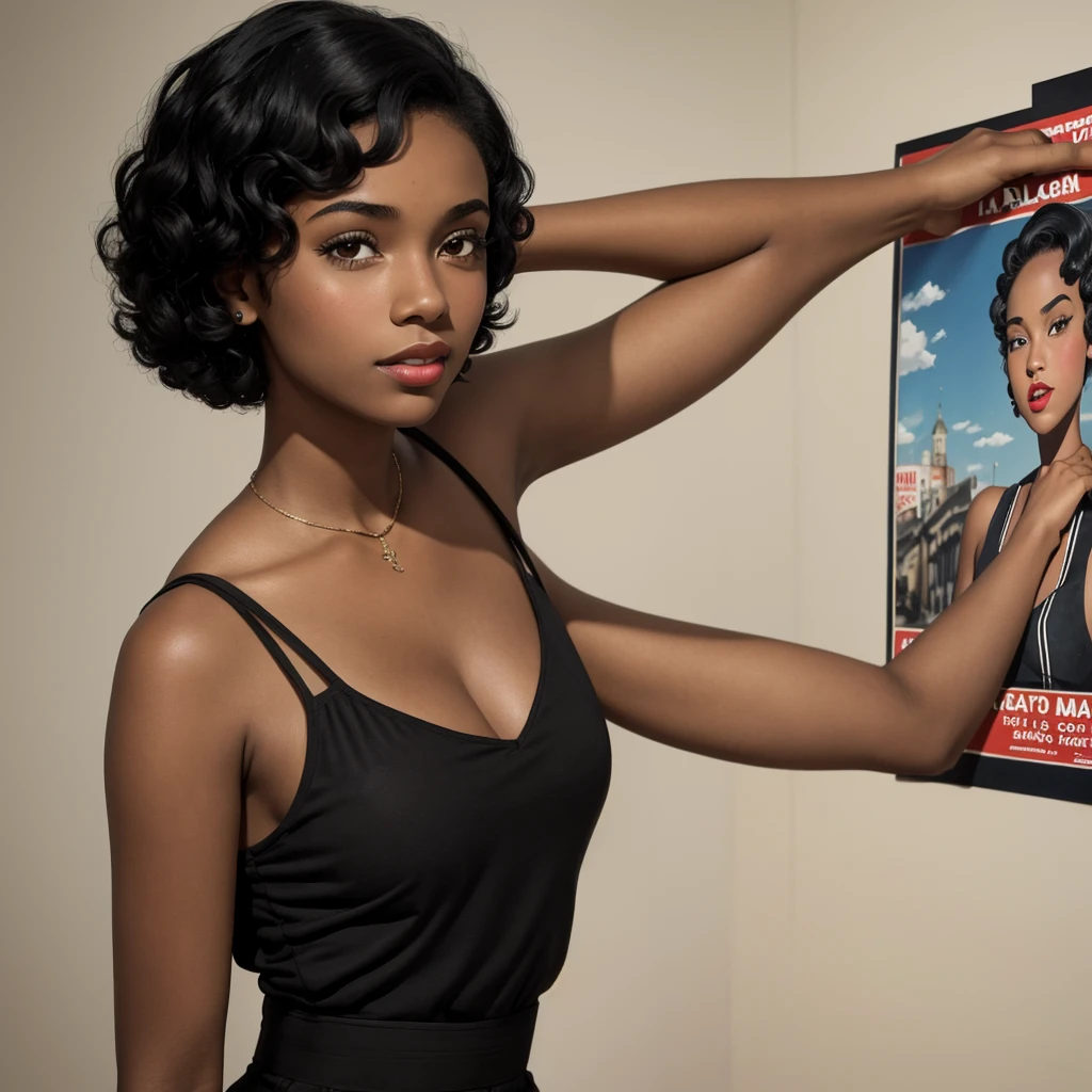 1 girl, black mixed woman, 23 years old, short hair, 1940s poster, simple art