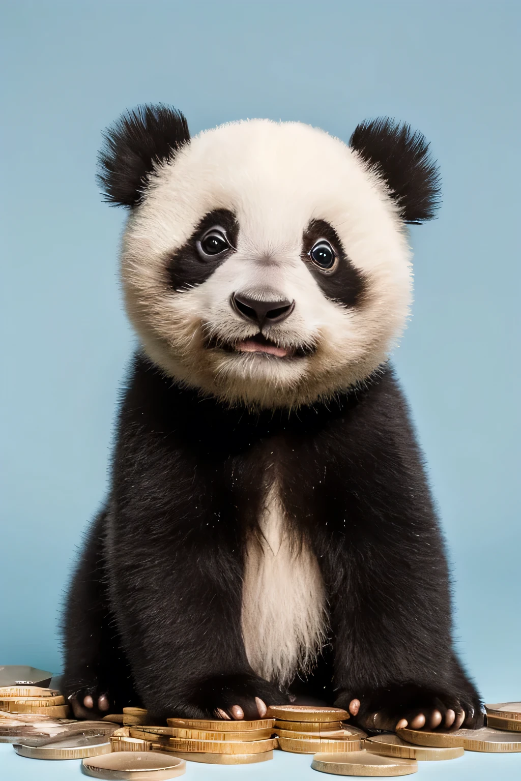 ((Best Quality)), ((Masterpiece)), (detailed), 1 baby panda sitting in an empty room with light blue background, surrounded by flat gold coins