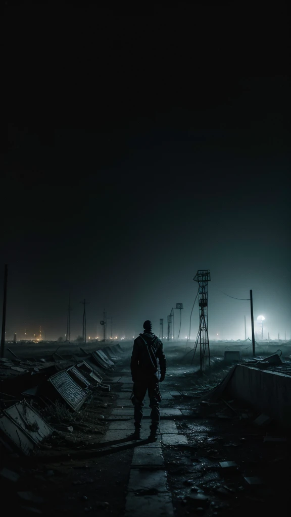 man in lightweight black clothing, in an abandoned, decayed environment at night, Chernobyl-like ruins barely visible, degraded objects, eerie glow from distant lights, misty air, deep shadows, nighttime shot, moonlit