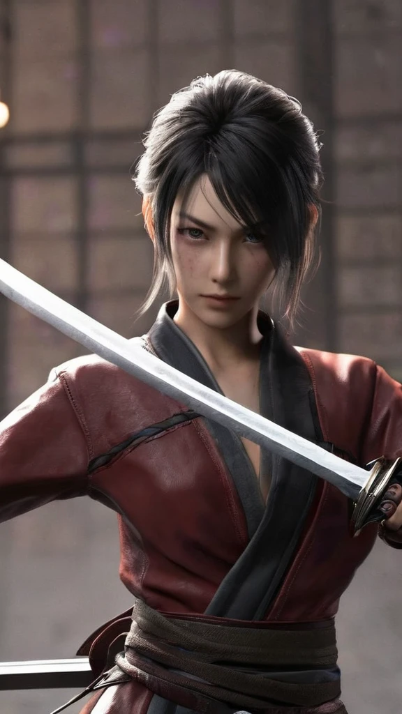 a woman holding a sword in a dark room, 2. 5 d cgi anime fantasy artwork, holding a black katana, stuning fantasy 3 d render, holding katana, unreal engine character art, unsheathing her katana, she is holding a katana sword, yasuke 5 0 0 px models, dramatic wielding katana pose, holding a katana, background color smoked, Red leather jacket.