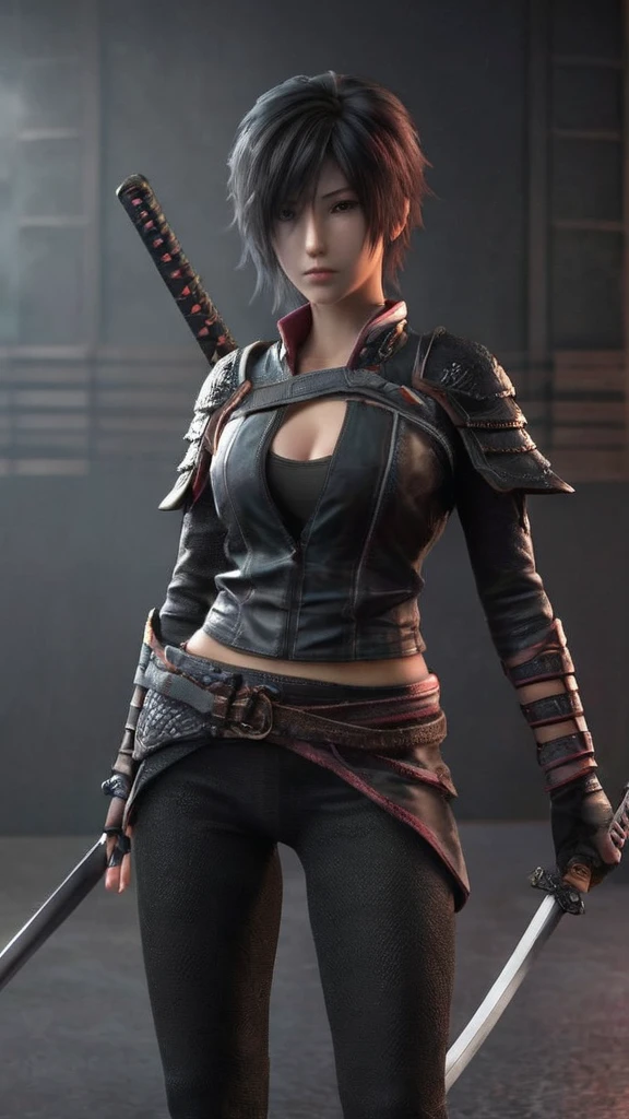 a woman holding a sword in a dark room, 2. 5 d cgi anime fantasy artwork, holding a black katana, stuning fantasy 3 d render, holding katana, unreal engine character art, unsheathing her katana, she is holding a katana sword, yasuke 5 0 0 px models, dramatic wielding katana pose, holding a katana, background color smoked, Red leather jacket.