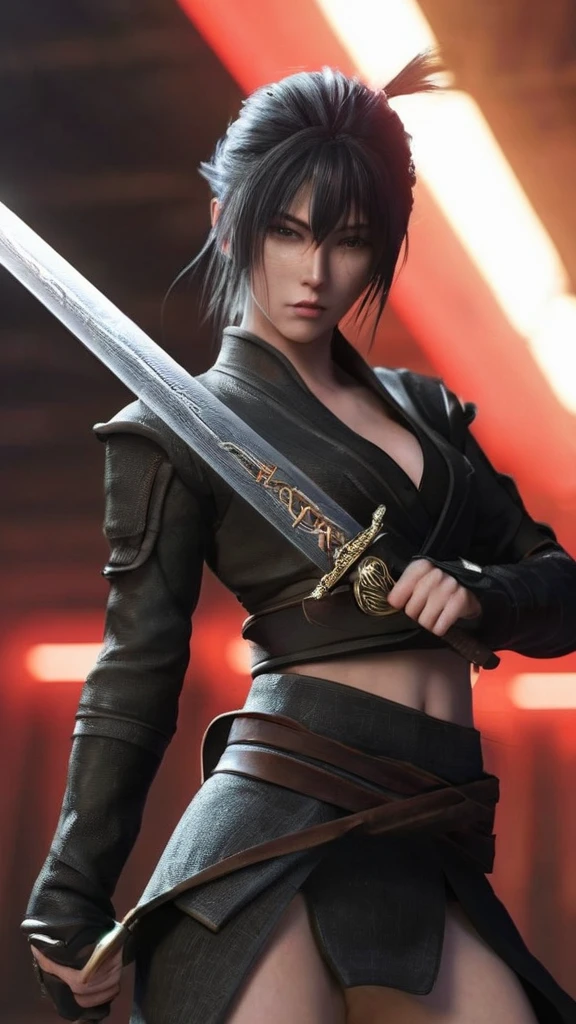 a woman holding a sword in a dark room, 2. 5 d cgi anime fantasy artwork, holding a black katana, stuning fantasy 3 d render, holding katana, unreal engine character art, unsheathing her katana, she is holding a katana sword, yasuke 5 0 0 px models, dramatic wielding katana pose, holding a katana, background color smoked, Red leather jacket.