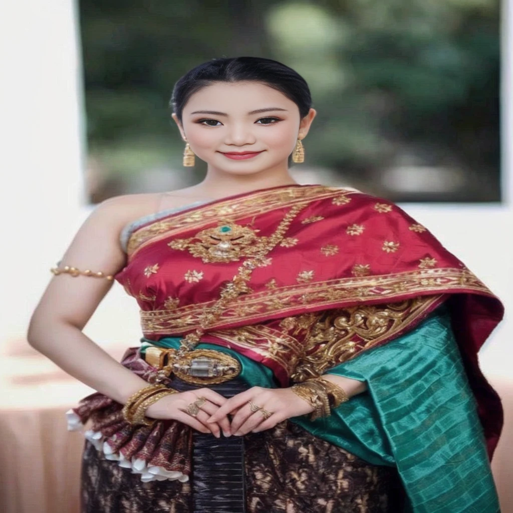 arafed woman in a traditional thai costume standing next to a table, Sukhothai dress, traditional beauty, traditional dress, Wear elegant clothes, According to Thawan Duchanee's style, Southeast Asia that has existed for a long time, traditional clothes, traditional tai costume, Wear luxurious clothes, traditional, Wear a luxurious tribal outfit., traditional clothing, Covered in 3-D purple and gold silk. , 8K, 45,000,000 pixcls,