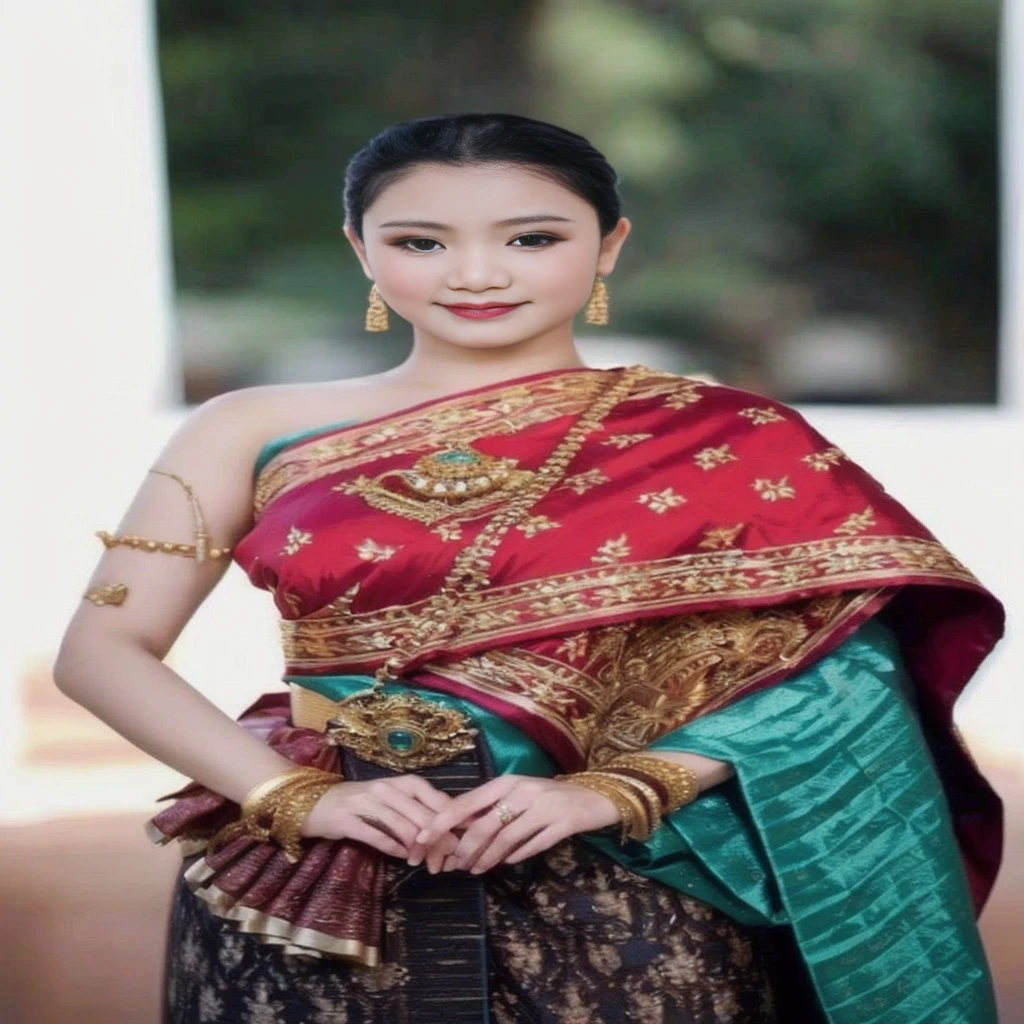 arafed woman in a traditional thai costume standing next to a table, Sukhothai dress, traditional beauty, traditional dress, Wear elegant clothes, According to Thawan Duchanee&#39;s style, Southeast Asia that has existed for a long time, traditional clothes, traditional tai costume, Wear luxurious clothes, traditional, Wear a luxurious tribal outfit., traditional clothing, Covered in 3-D purple and gold silk. , 8K, 45,000,000 pixcls,