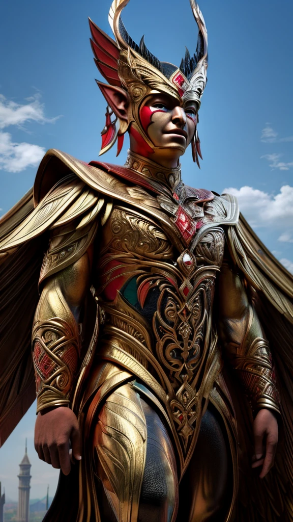 Photorealistic images of Indonesian Minang kabau superheroes, their sleek, Renaissance-inspired costumes decorated with intricate traditional Minang kabau patterns, towering majestically against the backdrop of the National Monument in Jakarta, Indonesia. The superhero's sharp eagle eyes survey the bustling city, their powerful wings shadowing the iconic buildings