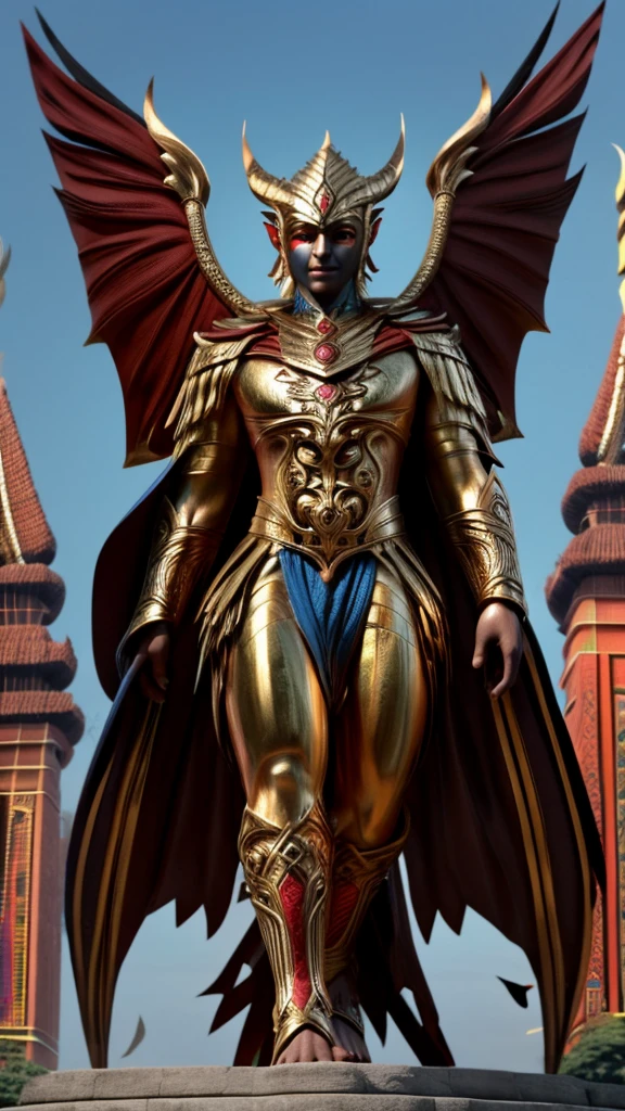 Photorealistic images of Indonesian Minang kabau superheroes, their sleek, Renaissance-inspired costumes decorated with intricate traditional Minang kabau patterns, towering majestically against the backdrop of the National Monument in Jakarta, Indonesia.   The superhero's sharp eagle eyes survey the bustling city, their powerful wings shadowing the iconic buildings