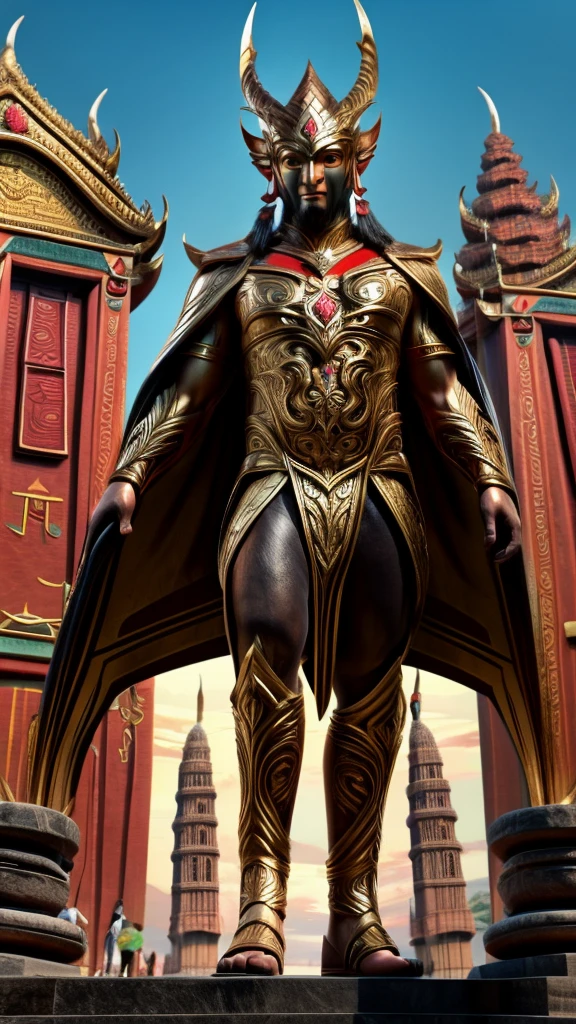 Photorealistic images of Indonesian Minang kabau superheroes, their sleek, Renaissance-inspired costumes decorated with intricate traditional Minang kabau patterns, towering majestically against the backdrop of the National Monument in Jakarta, Indonesia.   The superhero's sharp eagle eyes survey the bustling city, their powerful wings shadowing the iconic buildings