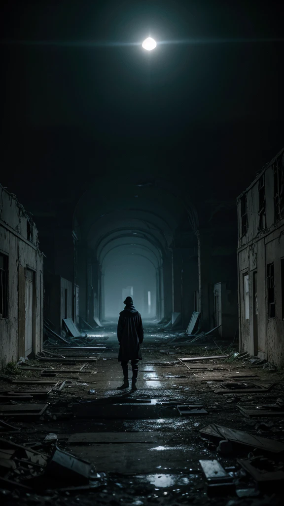 solitary figure in lightweight black flowing garments, in a deserted, dilapidated landscape at night, Chernobyl-esque ruins faintly illuminated, rusted and broken objects, foggy atmosphere, mysterious nighttime ambiance, low light, eerie lighting