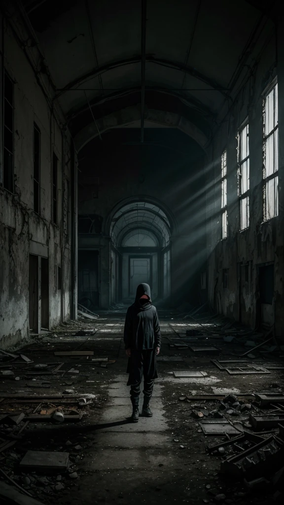 solitary figure in lightweight black flowing garments, in a deserted, dilapidated landscape at night, Chernobyl-esque ruins faintly illuminated, rusted and broken objects, foggy atmosphere, mysterious nighttime ambiance, low light, eerie lighting