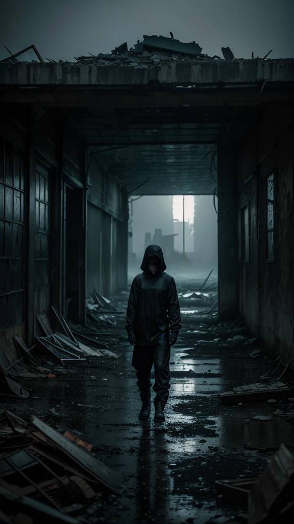 solitary figure in lightweight black flowing garments, in a deserted, dilapidated landscape at night, Chernobyl-esque ruins faintly illuminated, rusted and broken objects, foggy atmosphere, mysterious nighttime ambiance, low light, eerie lighting