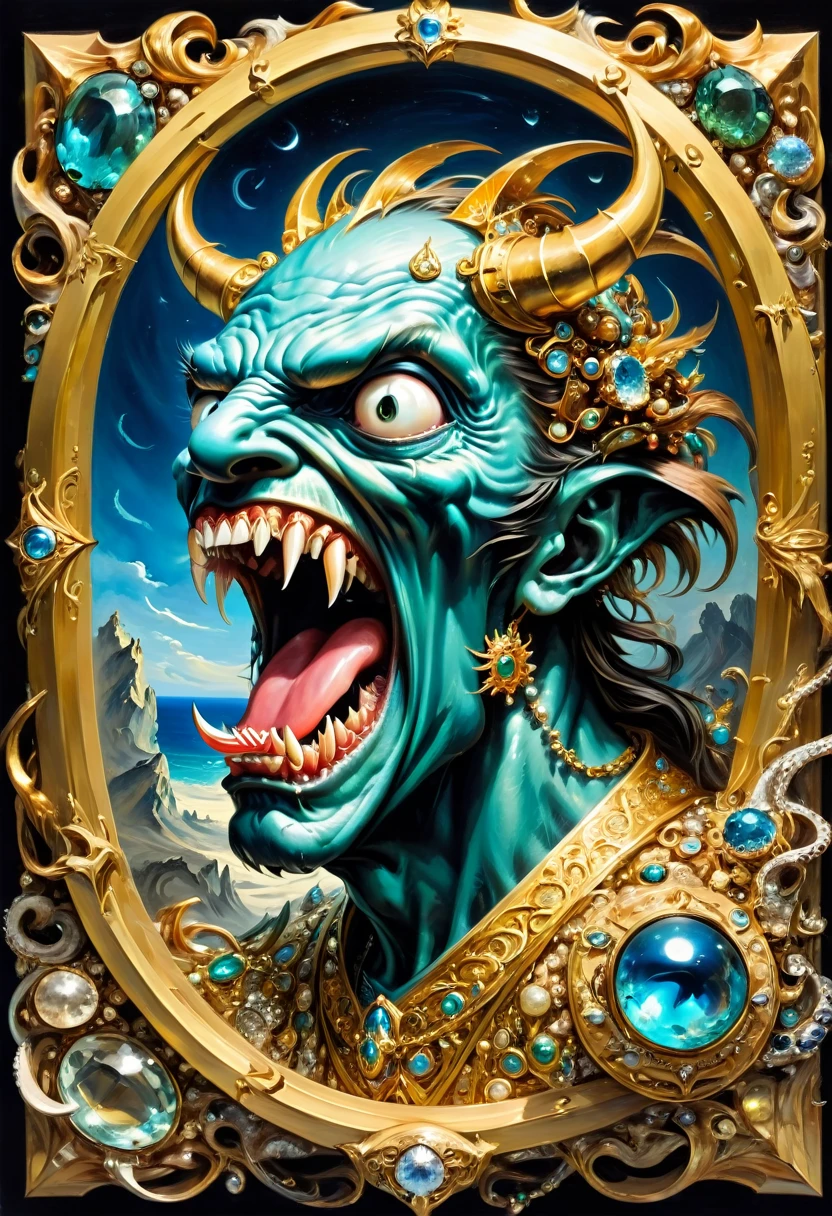 Mimic，Treasure Box Monster，Weird tongue and nasty teeth. Scattered jewelry, by greg rutkowski and Salvador Dalí and El Greco, best quality, masterpiece, very aesthetic, perfect composition, intricate details, ultra-detailed