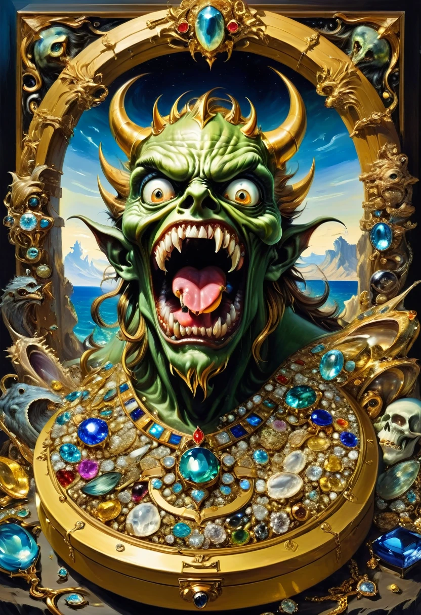 Mimic,Treasure Box Monster,Weird tongue and nasty teeth. Scattered jewelry, by greg rutkowski and Salvador Dalí and El Greco, best quality, masterpiece, very aesthetic, perfect composition, intricate details, ultra-detailed