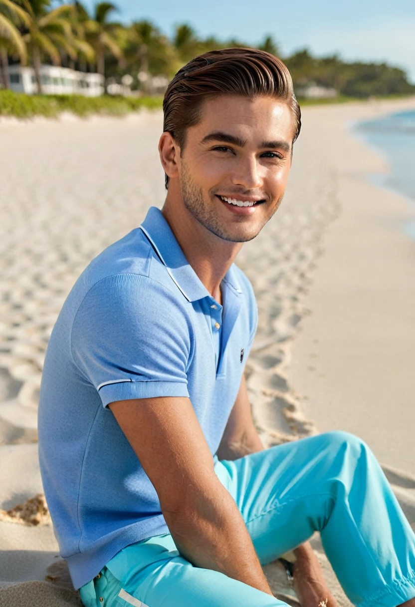 25 year old guy with a medium short haircut and slicked back hair, dressed in versase style brand name clothes sitting on the sand and looking at the beach on a beautiful summer day AND a beautiful seductive smile on his face. wearing a blue sweater and a pair of swim shorts.