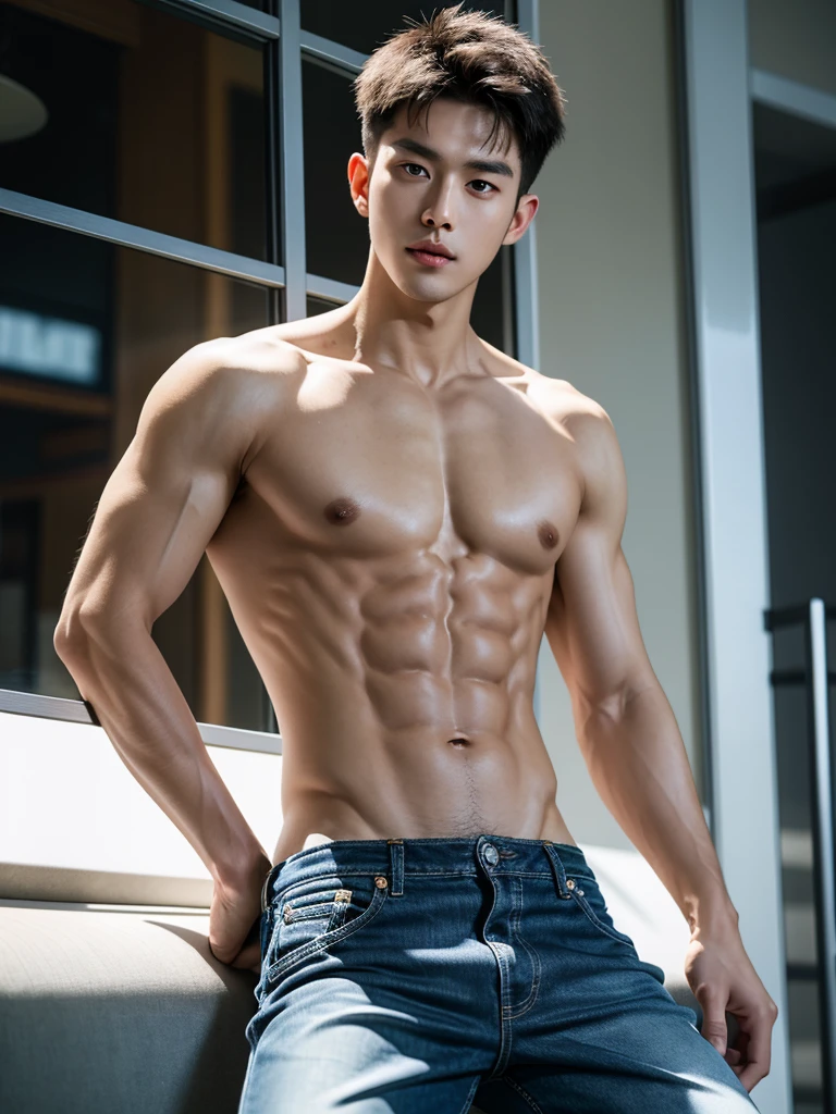 25 year old handsome korean, solo, (no shirt),no top wear ((show abs 6 pack)), black sagged jean, 