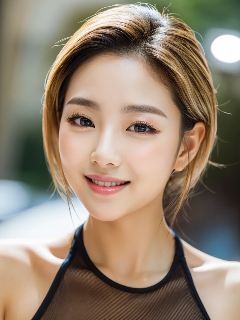 (4K, 8K, Ultra-detailed) Kwon Eun-bi is a 28-year-old South Korean young adult. Wolfcut blonde hair. Her face is slightly shorter than it is long, her chin is rounded, and her forehead and jawline are soft and curved as well as having balanced proportional with a small sign on the right side of your lip and one above your nose. Large, brown eyes are expressive and captivating. 
Clear, radiant skin. Charming shy smile, her curved lips and contagious smile light up her face.
Medium height and a natural body made up of proportional curves. 
She wears a Black spaghetti strap dress that highlight her beauty, elegance and curves.