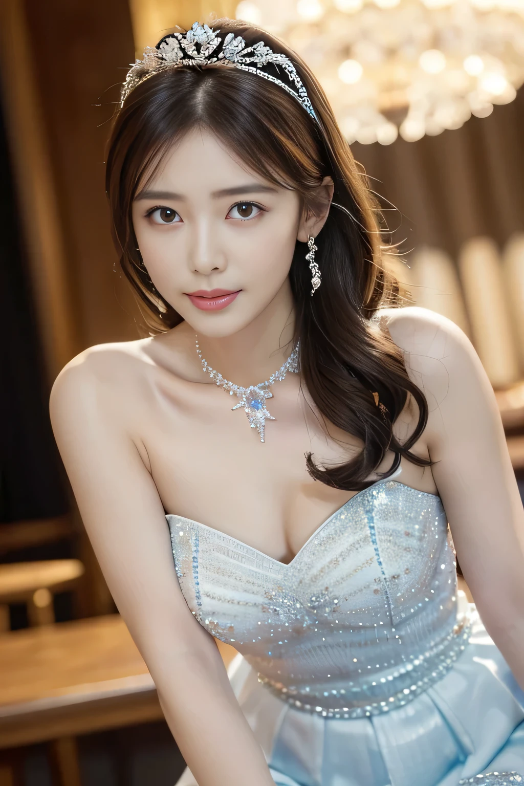 Gorgeous necklace,tiara,Are thin,Very small cleavage,skirt,masterpiece, Highest quality, figure, Sax Blue, Platinum Earrings, Platinum Necklace, White dress with colorful details,embroidery,Flowers,gem, One girl, cute, (Dynamic Lighting:1.2), Cinema Lighting, Delicate facial features, Fine grain, Sharp pupils, Realistic students, Depth of written boundary, Bokeh, Sharp focus, (Ultra-detailed, bloom, shine:1.4), たくさんの小さなgem