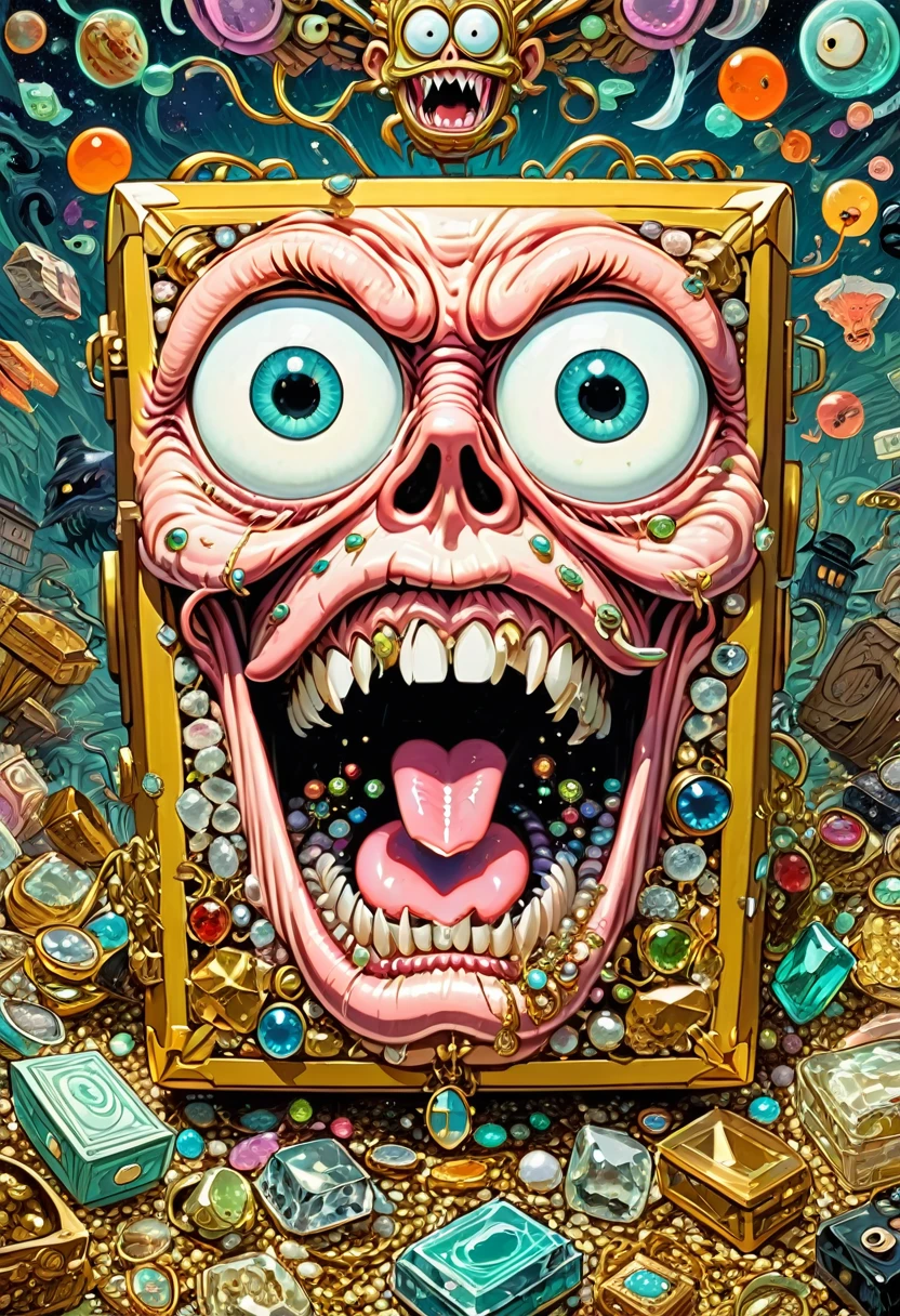 Mimic of Treasure Box Monster,Weird tongue and nasty teeth. Scattered jewelry, by Daniel Clowes, best quality, masterpiece, very aesthetic, perfect composition, intricate details, ultra-detailed