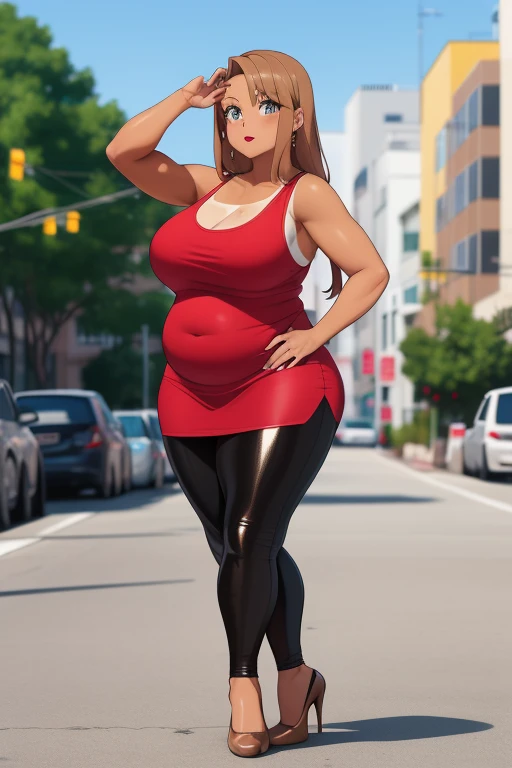 Score_9, score_8_up, score_7_up, source_anime, 1girl, solo, a woman looking at the viewer, bbw, outdoors, mature female, milf, a 42-year-old Latina woman, (tan-bronze skin:1.5), red lipstick, mascara, eyeshadow, (Wearing: red tank-top, shiny black leggings and red heels:1.2), she has a wide frame and plump figure, she have long brown hair, amber colored eyes, on the streets of Los Angeles
