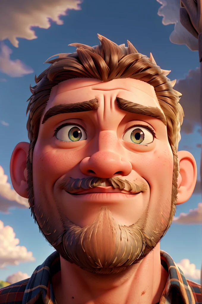 a massive muscular lumberjack, paul bunyan, standing next to an enormous beanstalk reaching up to the clouds, beautiful detailed eyes, beautiful detailed lips, extremely detailed eyes and face, longeyelashes, rugged handsome face, detailed facial features, strong chiseled jawline, flannel shirt, work boots, axe in hand, awestruck expression, photorealistic, cinematic lighting, dramatic shadows, vibrant colors, fantasy landscape, rolling hills, fluffy clouds, warm golden hour lighting, highly detailed, 8k, masterpiece