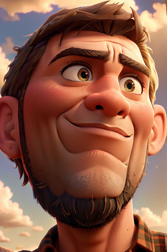 a massive muscular lumberjack, paul bunyan, standing next to an enormous beanstalk reaching up to the clouds, beautiful detailed eyes, beautiful detailed lips, extremely detailed eyes and face, longeyelashes, rugged handsome face, detailed facial features, strong chiseled jawline, flannel shirt, work boots, axe in hand, awestruck expression, photorealistic, cinematic lighting, dramatic shadows, vibrant colors, fantasy landscape, rolling hills, fluffy clouds, warm golden hour lighting, highly detailed, 8k, masterpiece
