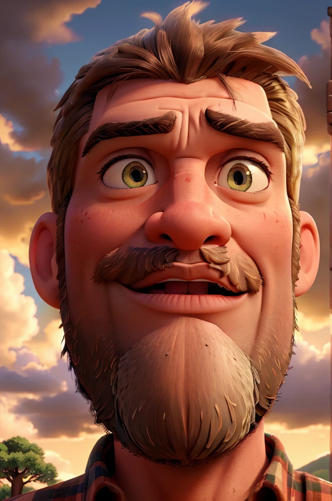 a massive muscular lumberjack, paul bunyan, standing next to an enormous beanstalk reaching up to the clouds, beautiful detailed eyes, beautiful detailed lips, extremely detailed eyes and face, longeyelashes, rugged handsome face, detailed facial features, strong chiseled jawline, flannel shirt, work boots, axe in hand, awestruck expression, photorealistic, cinematic lighting, dramatic shadows, vibrant colors, fantasy landscape, rolling hills, fluffy clouds, warm golden hour lighting, highly detailed, 8k, masterpiece
