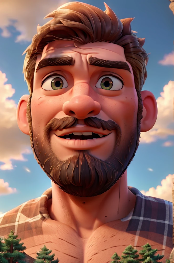 a massive muscular lumberjack, paul bunyan, standing next to an enormous beanstalk reaching up to the clouds, beautiful detailed eyes, beautiful detailed lips, extremely detailed eyes and face, longeyelashes, rugged handsome face, detailed facial features, strong chiseled jawline, flannel shirt, work boots, axe in hand, awestruck expression, photorealistic, cinematic lighting, dramatic shadows, vibrant colors, fantasy landscape, rolling hills, fluffy clouds, warm golden hour lighting, highly detailed, 8k, masterpiece