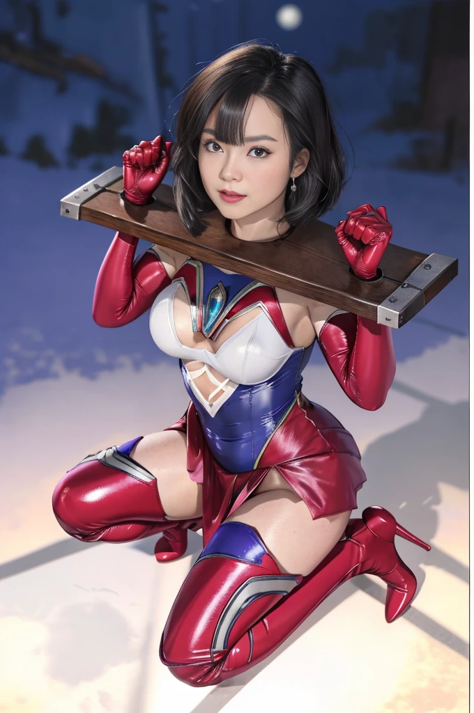 masterpiece,Highest quality, Ultra-high resolution, (Realistic), RAW Photos, Octane Rendering, Wearing a Supergirl costume, 晒し台にBeing restrained, resist, ((Pillory1.5)), 鉄製のPillory, Flail on the head, Flail on the hands, Flail, Japanese women, (36 years old), Plump face:1.2, sexy, Highest quality, Very detailed, Very accurate, One Woman, ((Dressed in blue, Purple and red Ultraman costume, Being restrained)), ((Pillory, ステンレス製のPillory)), (An elaborate Ultraman suit, Intricate Design), ((Halter neck, High leg cut, Exposed thighs, Long gloves, Latex Thigh Boots, Stiletto heels)), (((Shine))), Black-haired:1.3, Short Bob Hair:1.2, Big eyes:1.4, Solid eye makeup:1.3, Big ample breasts:1.1, Fine grain:1.4, Looking at the audience:1.2, Bright full moon,moonlight ,Pink and red interpolated colors, 